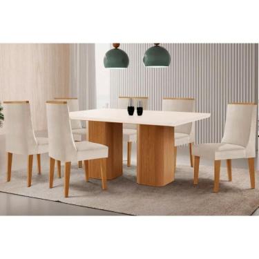 Imagem de Sala Jantar Mesa Maldivas Tampo c/ Vidro Curvo 180cm+6 Cadeiras Dakota Madeira Naturale/Off White - Capuccino/Suede Creme - Rufato
