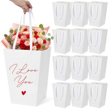 Imagem de Yeaqee 12 sacos de buquê de flores com alças de fita, buquês de papel branco, sacos de presente 38 x 28 x 19 cm, embalagem branca florista para dia dos namorados, aniversário, casamento, dia das mães
