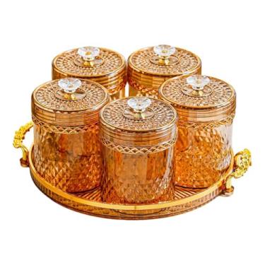 Imagem de ＫＬＫＣＭＳ Recipiente para armazenamento de alimentos, acessório multifuncional para grãos de café e temperos, com 5 frascos e bandeja organizadora, Âmbar