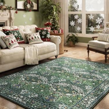 Imagem de ARKIIKI Tapete floral verde escuro lavável 12 x 18 cm para sala de estar, tapete boho vintage com estampa floral macia antiderrapante, verde floresta, tapetes baixos para quarto, sala de jantar