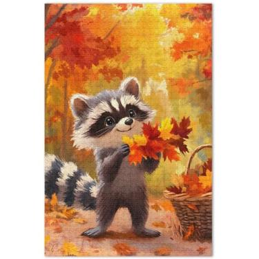 Imagem de Quebra-cabeça fofo guaxinim outono floresta adultos 1000 peças engraçados presentes masculinos cenário único arte quebra-cabeça, 75 x 40 centímetros