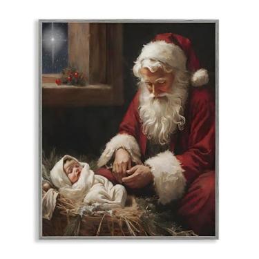 Imagem de Stupell Industries "Santa Believes with Baby Jesus", arte giclée emoldurada, cinza, 28 x 35 cm