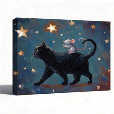 Imagem de Arte de parede em tela de gato, estampa de estrela de gato e rato céu noturno, pôster caprichoso de berçário, decoração de quarto mágico, sala de estar, presente para amantes de gatos, 20 x 25 cm