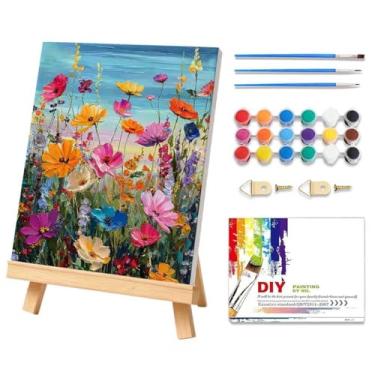 Imagem de Kit de pintura por números de flores silvestres para adultos com moldura, pintura de flores por número para adultos iniciantes com cavalete, kits de pintura por números para adultos em tela, perfeito