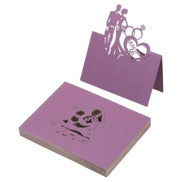 Imagem de PATIKIL 50 peças de cartões de casamento, cartões de nome, papel com glitter, etiquetas de assento dobradas para mesa, buffet, recepção, jantar, festa, roxo escuro