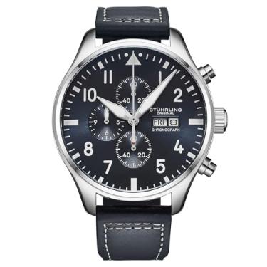 Imagem de Stuhrling Original Navigator Chrono 4075 cronógrafo piloto masculino – caixa de 43 mm, mostrador sunray, marcadores luminosos, quartzo, cristal mineral, pulseira de couro, resistente à água até 50 m