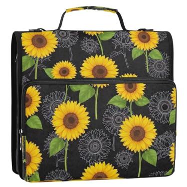 Imagem de Bolsa organizadora de fichário com zíper preto girassóis amarelos com alça, 3 anéis, pasta de portfólio de anéis D de 3 cm comporta 500 folhas para escola, escritório, viagens