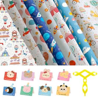 Imagem de PIYIENR Papel de embrulho de aniversário, 8 folhas grandes dobradas, planas, com 8 cartões de presente e fitas para festa, chá de bebê, 73 cm x 50 cm, folha de decoração de embrulho de presente