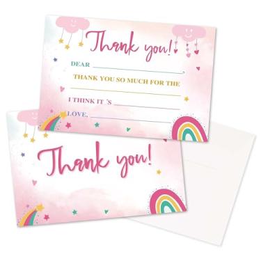 Imagem de Chuxvon Kids Thank You Cards Fill in the Blank, Boho Rainbow Thank You Notes For Boys Girls, Cartão de felicitações arco-íris rosa, lembrancinhas de decoração de festa de aniversário (20 cartões com