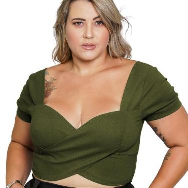 Imagem de Cropped Transpassado Com Manga Alfaiataria Plus Size Cor:Verde Militar