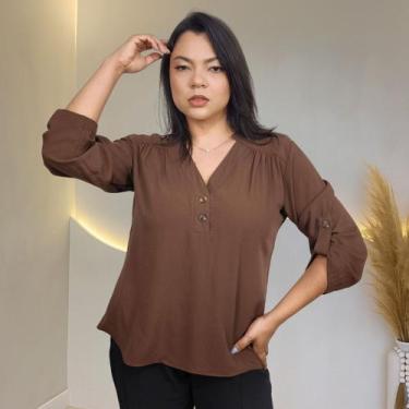 Imagem de Blusa Camisa Feminina Social Botões Manga 3/4 Formal Laura, Marron, M
