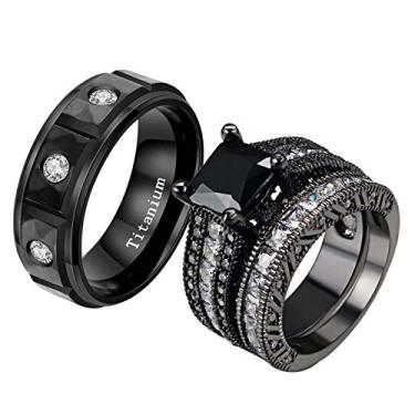 Imagem de ringheart 2 anéis pretos para ele e ela anéis de casal 8 mm corte princesa 8 mm CZ conjuntos de alianças de casamento femininas aço titânio masculino alianças de casamento, Metal Cristal Pedra Metal