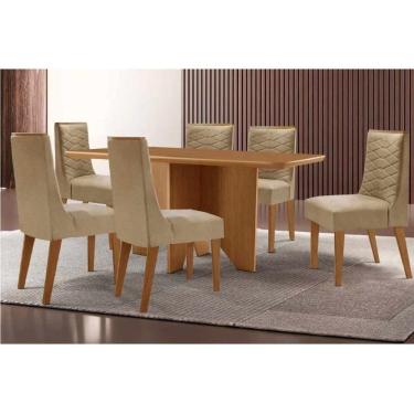 Imagem de Sala Jantar Mesa Nevada Tampo Curvo 180cm+6 Cadeiras Maldivas Madeira Naturale - Capuccino/Linho Bege - Rufato