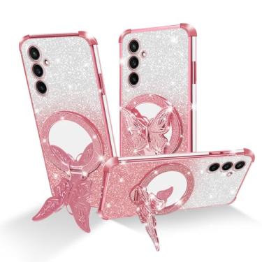 Imagem de Easyscen Capa para celular Samsung Galaxy S23 FE (6,4 polegadas), com suporte de borboleta e 4 cantos de airbag protetora, capa protetora à prova de choque de luxo feminina com glitter - ouro rosa