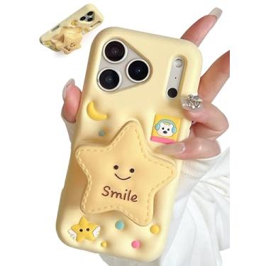 Imagem de TUFTA Linda capa de telefone 3D estrelas pop-up com suporte e aderência para iPhone 13 Pro Max, capa de silicone com desenho feminino Kawaii para meninas, crianças, adolescentes e mulheres, amarela