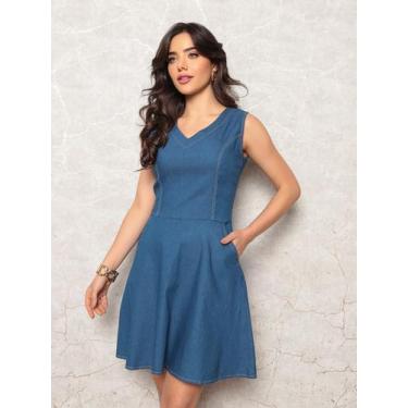 Imagem de Vestido Jeans Curto Azul Liso Gola V Casual Feminino Elegante Basico D