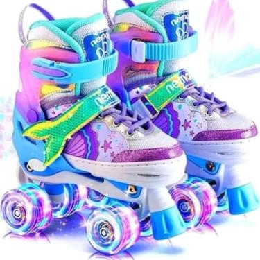 Imagem de Patins Infantil Quad Sereia com Glitter, Rodas LED Iluminadas, Design Unicórnio, Rolamento ABEC 7, Ajustável com Velcro e Cadarço (33-36)