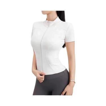 Imagem de Camisetas Femininas Slim Fit De Verão Para Yoga Com Gola Alta, Zíper E