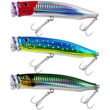 Imagem de THKFISH Iscas Popper Iscas de pesca de atum de água salgada para pesca de surfe robalo com olhos 3D para atum GT peixe grande 15 cm 1 peça/3 peças (3 peças - verde-azulado-vermelho-GRN)