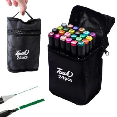 Imagem de Kit 24 Canetinhas Marcadores Touch Ponta Dupla Escolar e Artístico + Bolsa de Transporte, Canetas Coloridas Permanentes Profissional Premium Conjunto 24 Cores Duas Pontas para Colorir e Desenho