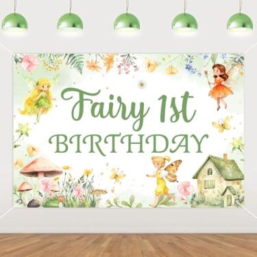 Imagem de Fangleland Pano de fundo de 1º aniversário de fada, 1,5 x 0,9 m, fundo floral verde do país das maravilhas princesa menina feliz primeiro cogumelo, flores jardim florestal, suprimentos para festa de