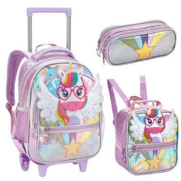 Imagem de Kit Escolar Unicornio, Mochila com Rodinhas, Estojo e Lancheira Termic