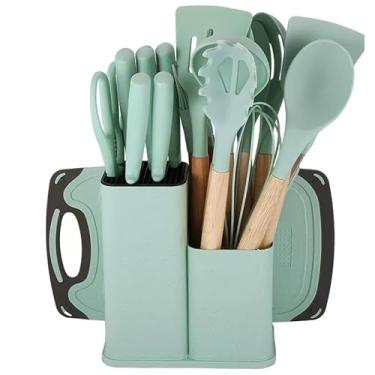 Imagem de Kit Completo Jogo de Cozinha Luxo 19 Peças Com Tábua em Silicone Espátula Faca Tesoura Utensílios(Kit 19 azul)