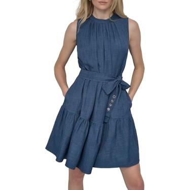 Imagem de DKNY Vestido feminino sem mangas com gola redonda e flare, jeans, 12