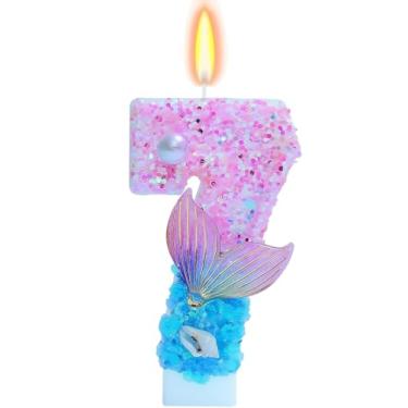 Imagem de Velas de aniversário com tema de sereia, velas de número de glitter para meninas para bolo, número 4, topo de bolo para velas temáticas de jogos, decoração de aniversário, suprimentos para celebrações