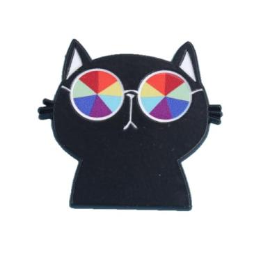 Imagem de Gato preto engraçado usando óculos arco-íris broche para mulheres broche de esmalte fofo declaração animal broches lapela desenhos animados mochila jaqueta roupas bolsas chapéus crachá festa joias