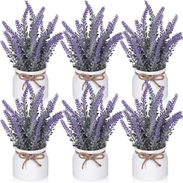 Imagem de FineCheer 6 peças de plantas de lavanda artificial em vasos pequenos rústicos primavera lavanda sintética vasos de plantas roxas decoração de banheiro casa de fazenda centros de mesa para cozinha