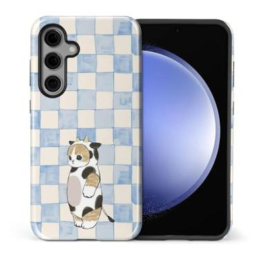 Imagem de Goodsprout Capa para Samsung Galaxy S25, silicone TPU de camada dupla + policarbonato rígido, à prova de choque e resistente a arranhões, capa azul quadriculada um gato vestido com roupas de vaca