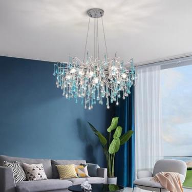 Imagem de Lustre de cristal moderno, elegante, dourado/azul, com intensidade regulável em 3 cores, ideal para sala de estar, sala de jantar e quarto. Lustre de embutir sofisticado, luminária pendente