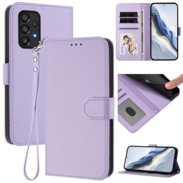 Imagem de Capa carteira para Samsung Galaxy A32 5G, capa fina de couro com compartimentos para cartões, alça de pulso e suporte, capa protetora à prova de choque para homens e mulheres (roxo claro)