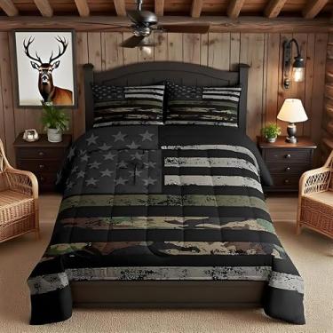 Imagem de Feelyou Jogo de cama casal de camuflagem com bandeira americana, caçada militar, edredom para meninos, meninas, adolescentes, estampa de camuflagem rústica, respirável, microfibra macia