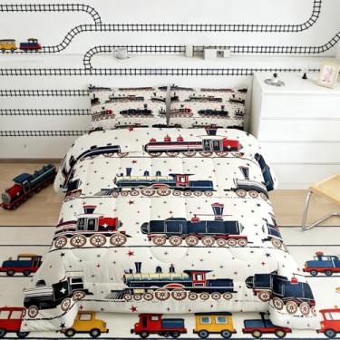 Imagem de Erosebridal Jogo de cama vintage de trem a vapor, desenho clássico ferroviário retrô, conjunto de edredom para crianças, meninas, meninos, viagem, locomotiva, trem, galáxia, estrelas, decoração