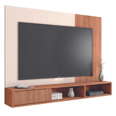 Imagem de Painel Para TV Até 55 Polegadas Ripado Impressão 3D Com Nicho Madrid Madeirado/Off White Caemmun