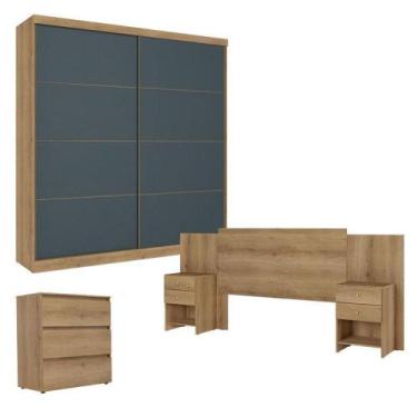 Imagem de Guarda Roupa Casal Malaga 2 Portas Capuccino Azul Com Cômoda Gaveteiro