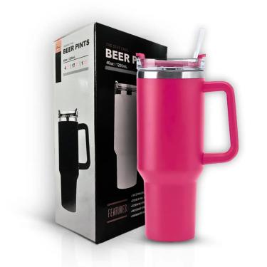 Imagem de Copo Térmico Cor Rosa Pink Grande 1200 Ml Canudo Parede Dupla