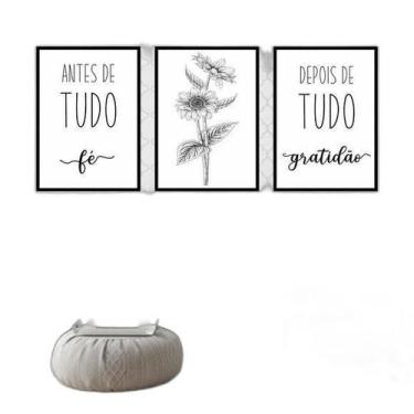 Imagem de Kit 3 Quadros Decorativos Fé Gratidão Girassol - Quadros On-Line