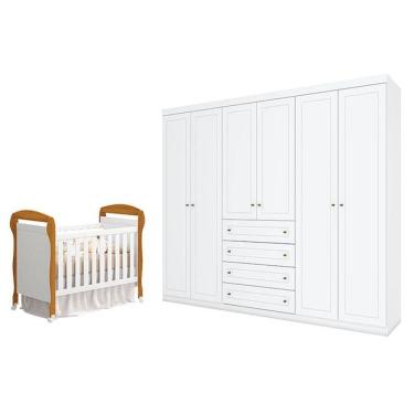 Imagem de Berço Americano Danny Branco Acetinado Savana Reller E Guarda Roupa Casal Americano 6 Portas Branco Hp - Henn.