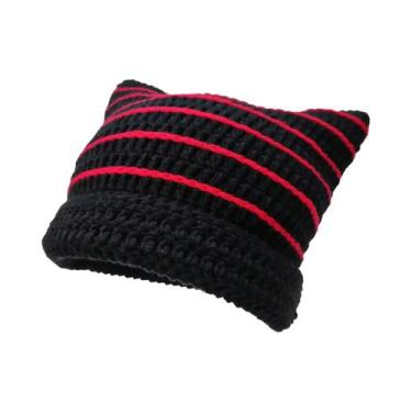 Imagem de Gorro Feminino Com Orelhas De Gato Y2K Listrado De Tricô Quente De Inv