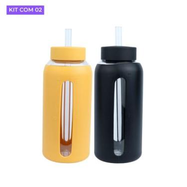 Imagem de Kit com 2 Garrafa de Vidro 800ml Com Alça Garrafinha de Água Portátil 