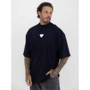 Imagem de Camiseta Oversized Gola Alta Borracha Triângulo All White Streetwear Algodão Premium Preto-Masculino