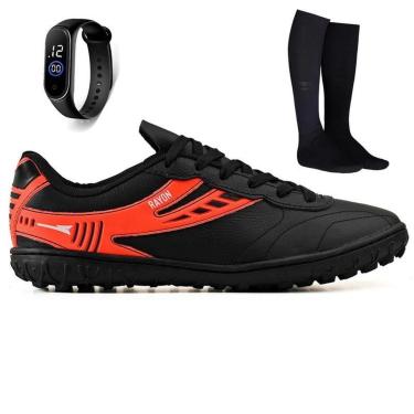 Imagem de Kit Chuteira Futebol Society Couro Campo Grama Sintetica + Meião + Relogio Adulto-Unissex