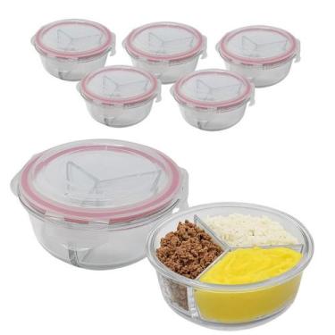 Imagem de Kit 5 Potes De Vidro 875ml 3 Divisórias Hermético Marmita Fit Com Trav