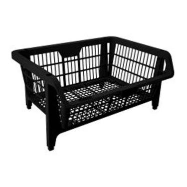 Imagem de Cesto Plástico Empilhável 57x42cm Preto Organizador de Estoque Compacto com Porta Etiqueta