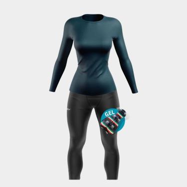 Imagem de Conjunto de Ciclismo Feminino Camisa Azul Marinho Com Proteção Uv Manga Longa e Calça d...