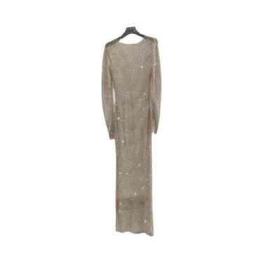 Imagem de Vestido Transparente De Manga Longa Com Strass E Malha, Decote Redondo