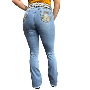 Imagem de Calça Jeans Feminina Flare Bordada Trotao Empina Bumbum Lançamento Mod